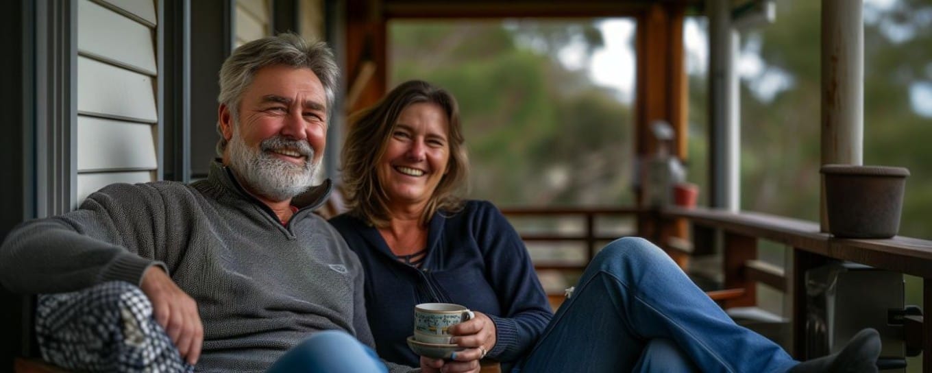 A man and woman sitting on a porch smiling and looking at the camera